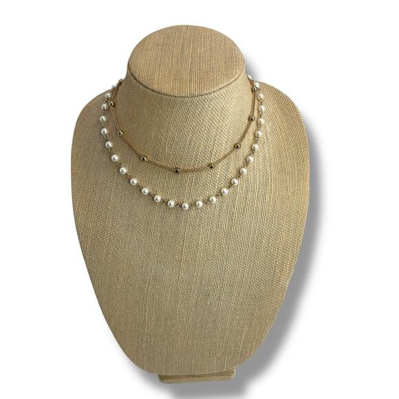 NEW Anne Klein Gold Imitation Pearl Multi Row Necklace Layering Short Minimalist - Picture 1 of 12